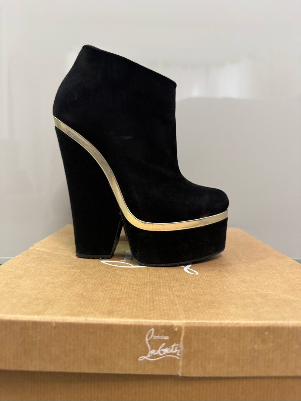 Giuseppe Zanotti Black Suede Platform Ankle Boot with Gold Trim